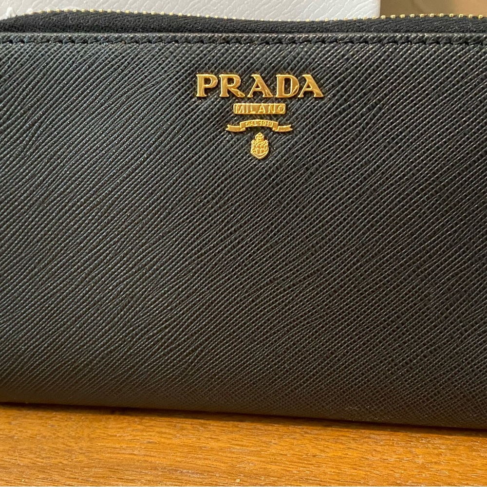 Prada Zip-Around Saffiano Leather Wallet Portafoglio Lampo (Black/Gold) - Picture 6 of 13